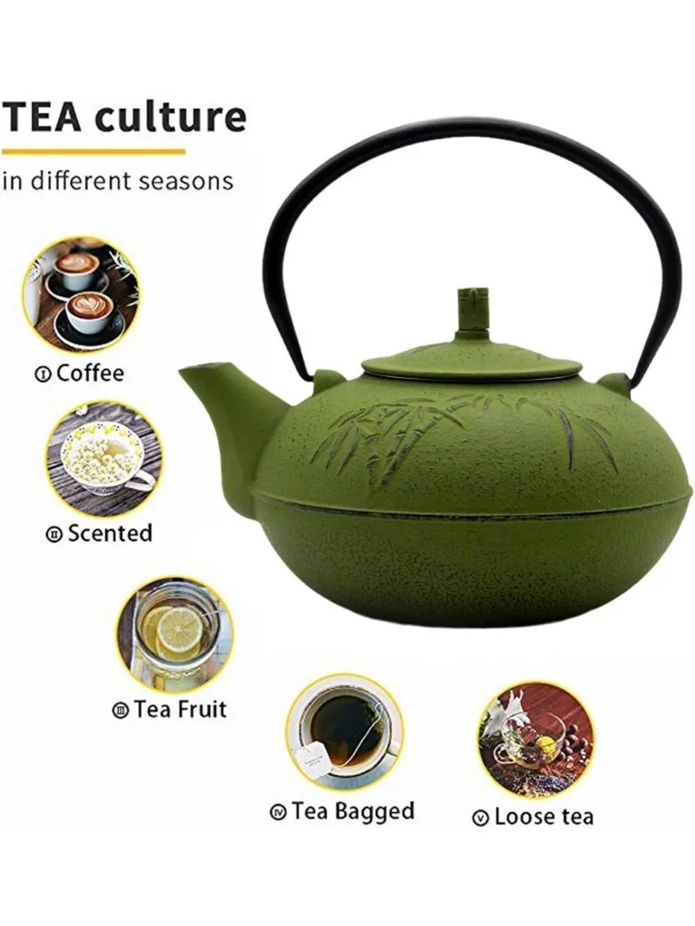 Green Cast Iron Kitchen Japanese Tea Pot 84.6oz 2500ml Stovetop Bamboo Infuser